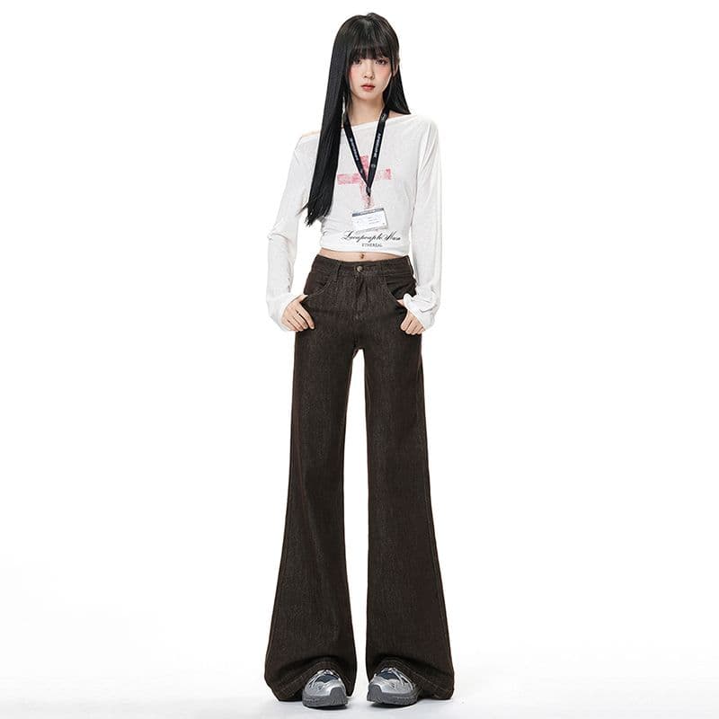 실사 아메리칸 단 닝 커피 색상 부츠컷 청바지 떨어지지 않음 색상 아니요 막대기 다리 캐주얼 루즈핏 스트레이트 플레어 바지