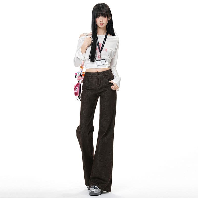 실사 아메리칸 단 닝 커피 색상 부츠컷 청바지 떨어지지 않음 색상 아니요 막대기 다리 캐주얼 루즈핏 스트레이트 플레어 바지 이미지 4
