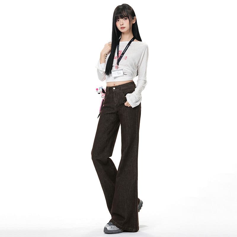 실사 아메리칸 단 닝 커피 색상 부츠컷 청바지 떨어지지 않음 색상 아니요 막대기 다리 캐주얼 루즈핏 스트레이트 플레어 바지 이미지 5