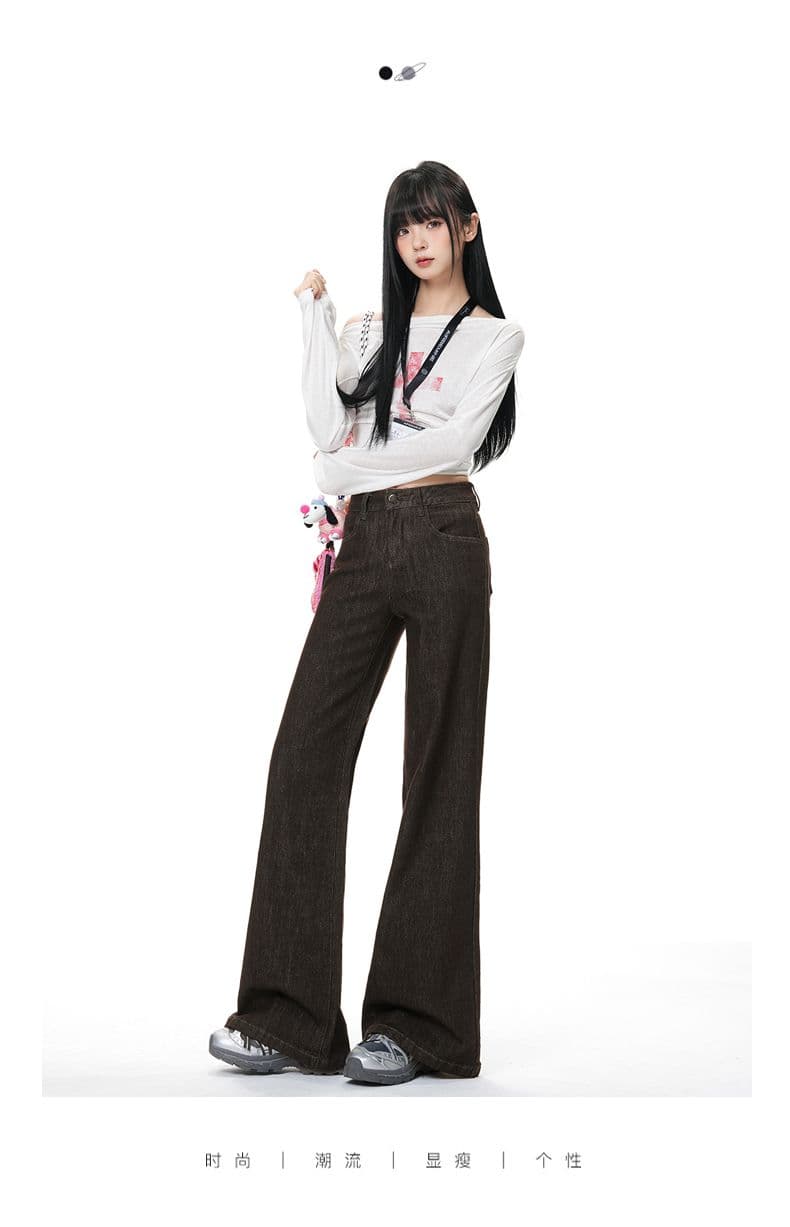 실사 아메리칸 단 닝 커피 색상 부츠컷 청바지 떨어지지 않음 색상 아니요 막대기 다리 캐주얼 루즈핏 스트레이트 플레어 바지 상세 이미지 2