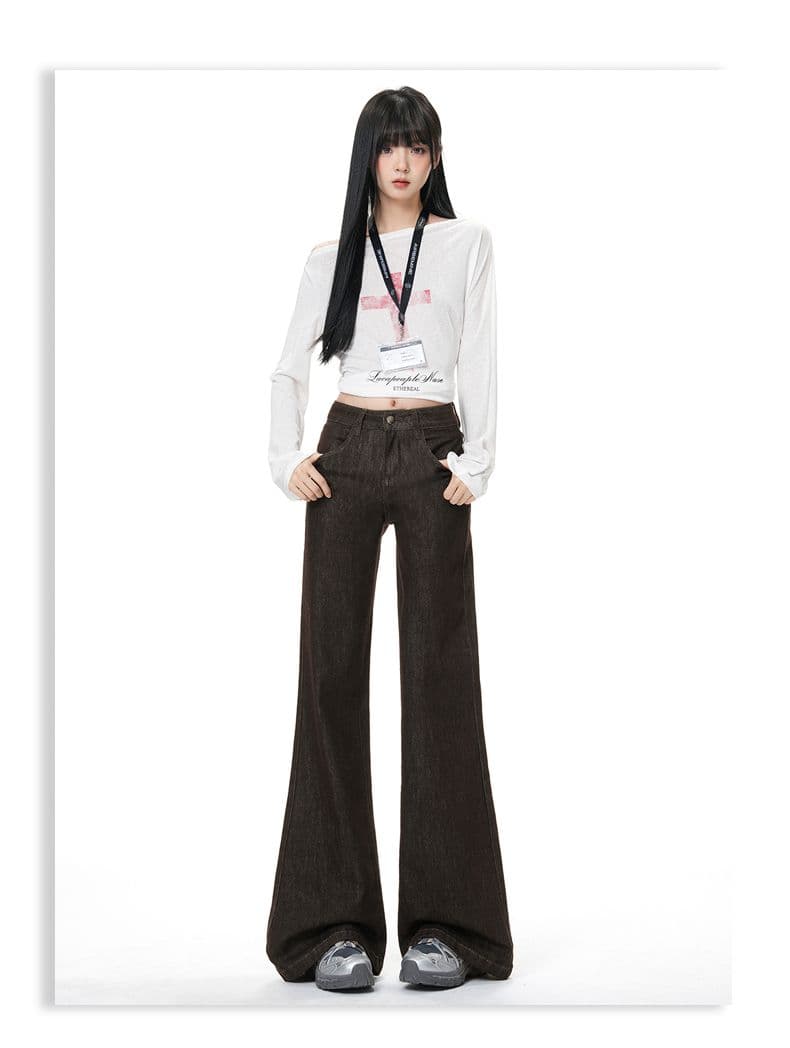 실사 아메리칸 단 닝 커피 색상 부츠컷 청바지 떨어지지 않음 색상 아니요 막대기 다리 캐주얼 루즈핏 스트레이트 플레어 바지 상세 이미지 9