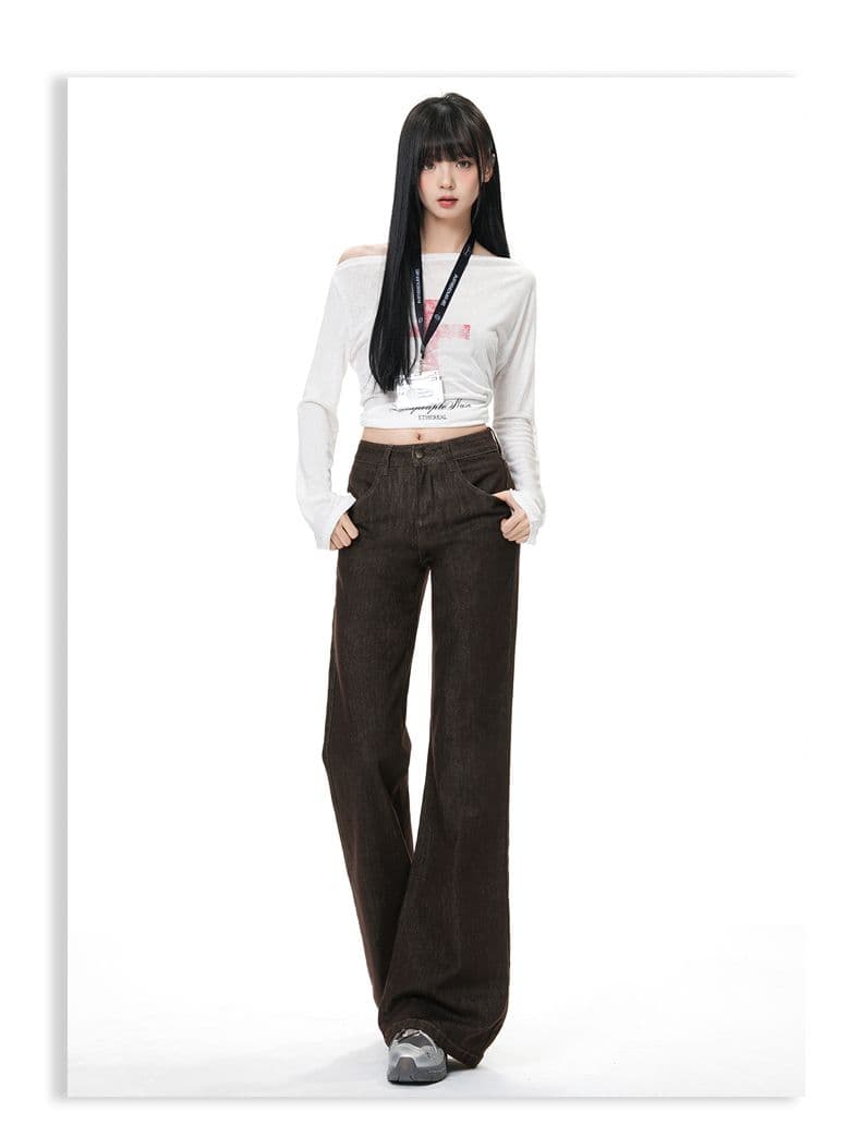실사 아메리칸 단 닝 커피 색상 부츠컷 청바지 떨어지지 않음 색상 아니요 막대기 다리 캐주얼 루즈핏 스트레이트 플레어 바지 상세 이미지 13