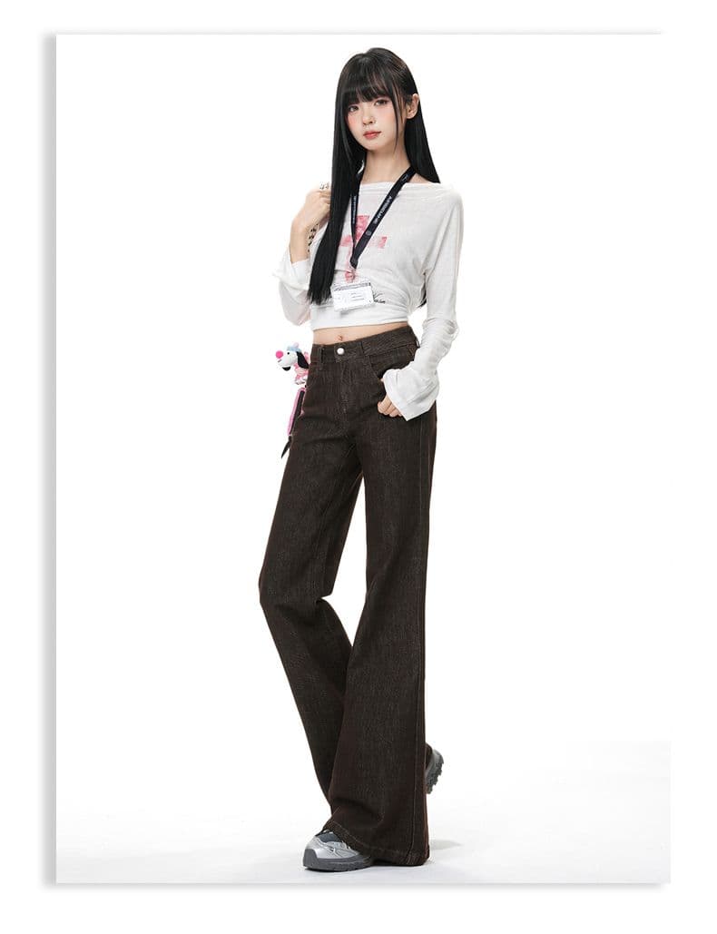 실사 아메리칸 단 닝 커피 색상 부츠컷 청바지 떨어지지 않음 색상 아니요 막대기 다리 캐주얼 루즈핏 스트레이트 플레어 바지 상세 이미지 14
