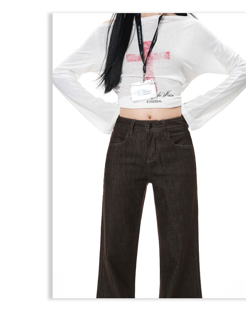 실사 아메리칸 단 닝 커피 색상 부츠컷 청바지 떨어지지 않음 색상 아니요 막대기 다리 캐주얼 루즈핏 스트레이트 플레어 바지 상세 이미지 16