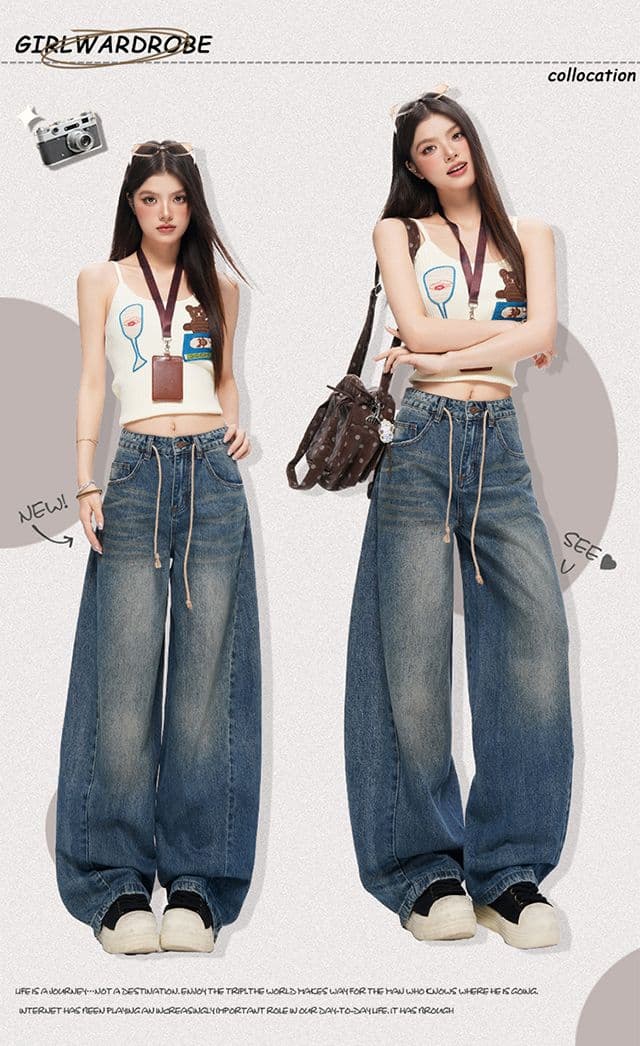 실사 여름 아메리칸 레트로 패션 워싱 트렌드 펌프 로프 주름 도루 센스 스트레이트 넓은 다리 청바지 상세 이미지 1