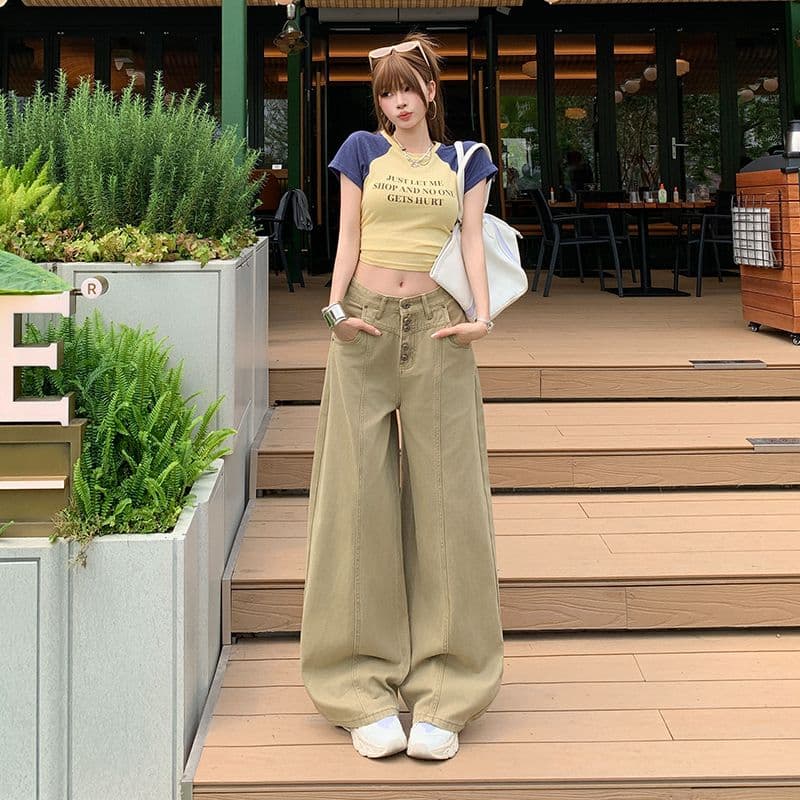 실사 커피 녹색 아메리칸 레트로 싱글 줄 버튼 청바지 여성 새로운 루즈핏 다용도 넓은 다리 길이 바지 이미지 2