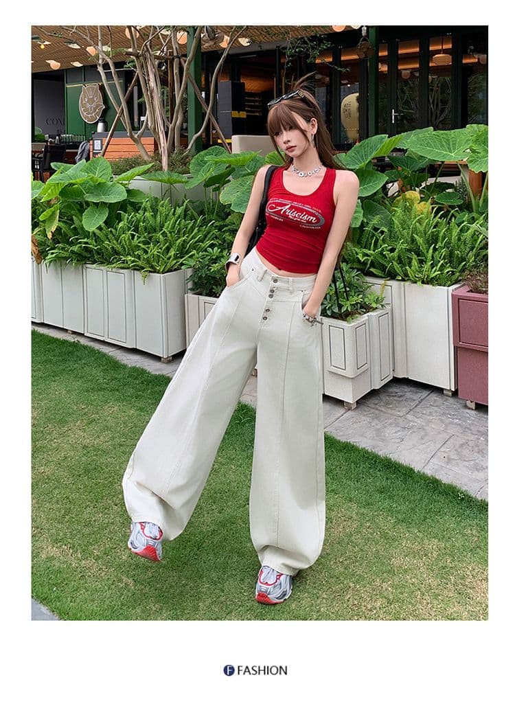 실사 커피 녹색 아메리칸 레트로 싱글 줄 버튼 청바지 여성 새로운 루즈핏 다용도 넓은 다리 길이 바지 상세 이미지 13