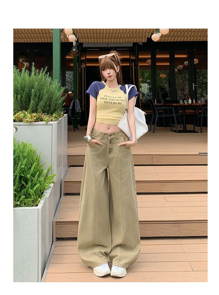 실사 커피 녹색 아메리칸 레트로 싱글 줄 버튼 청바지 여성 새로운 루즈핏 다용도 넓은 다리 길이 바지 상세 이미지 26