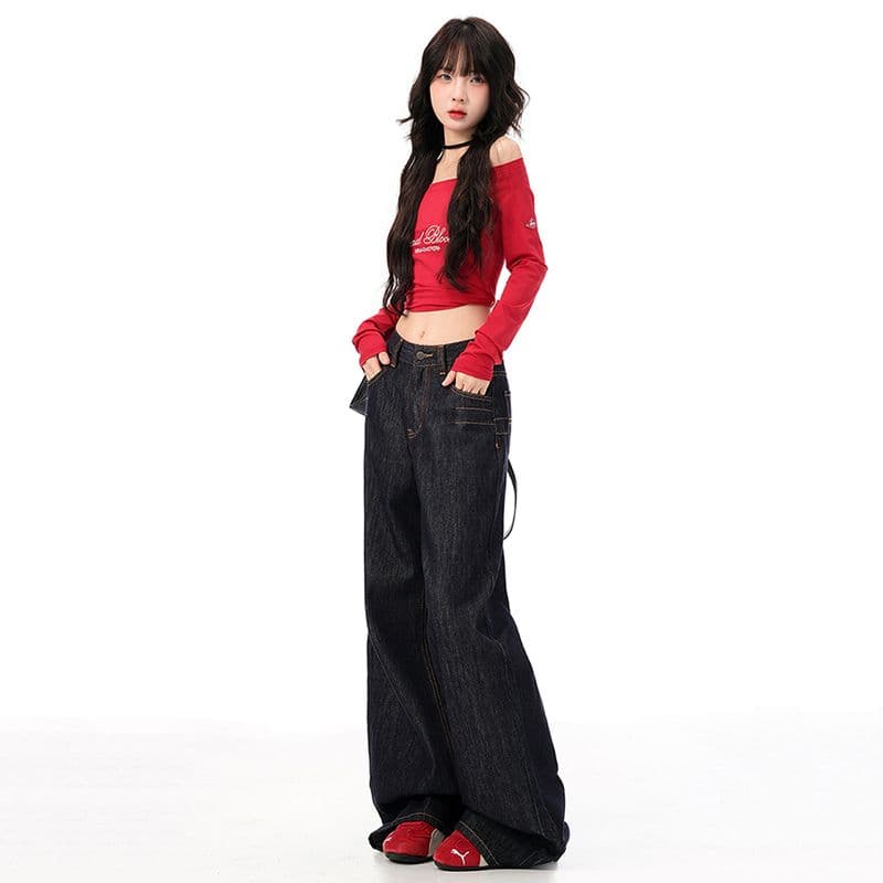 실사 가을 단 닝 색상 아메리칸 레트로 워싱 루즈핏 스트레이트 청바지 여성 자수 도루 센스 와이드 레그 팬츠 어린이 이미지 2