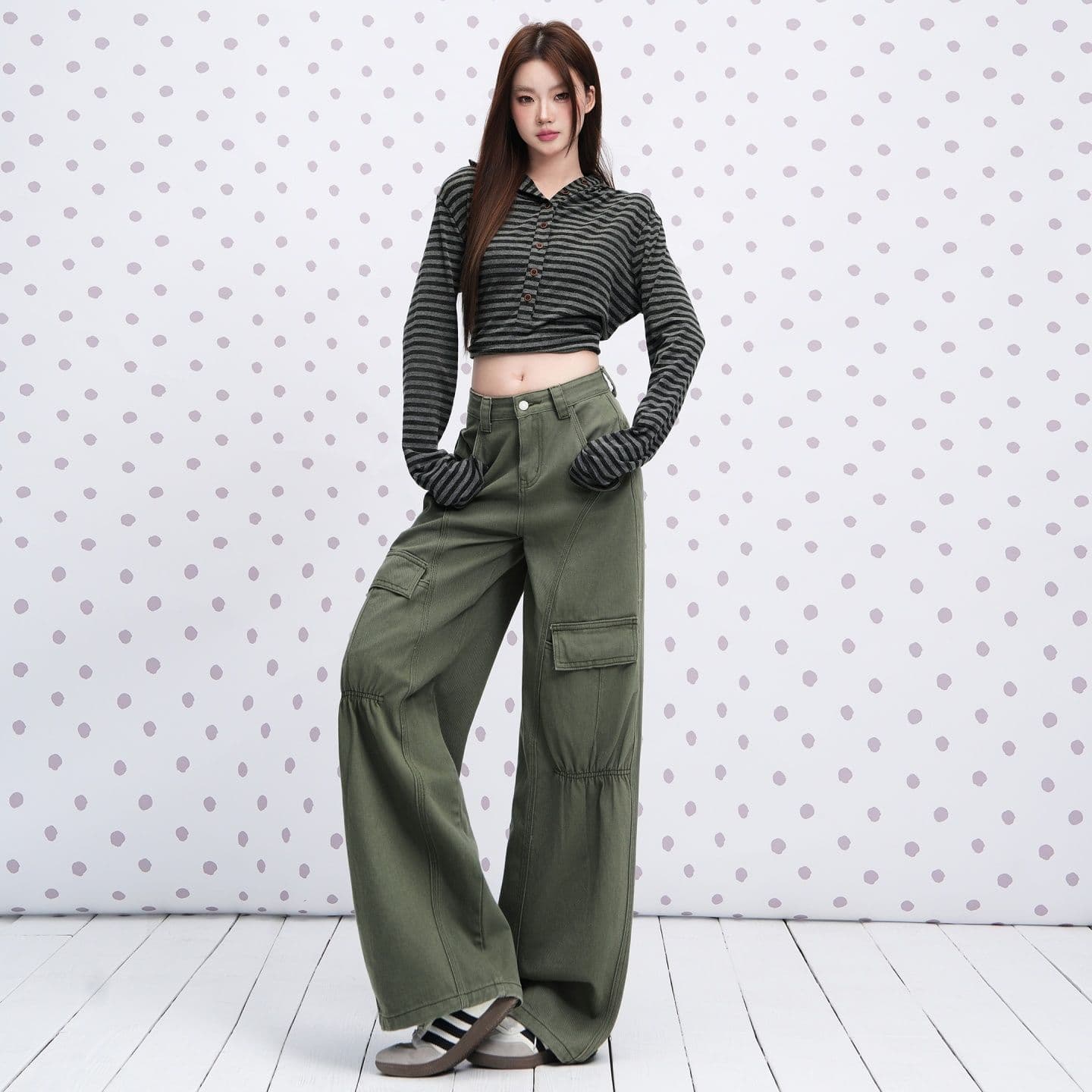 실사 카키 색 순면 Chic 펌프 Pleat 자르기 센스 청바지 여성 2026 년 다용도 캐주얼 워크웨어 팬츠 이미지 4
