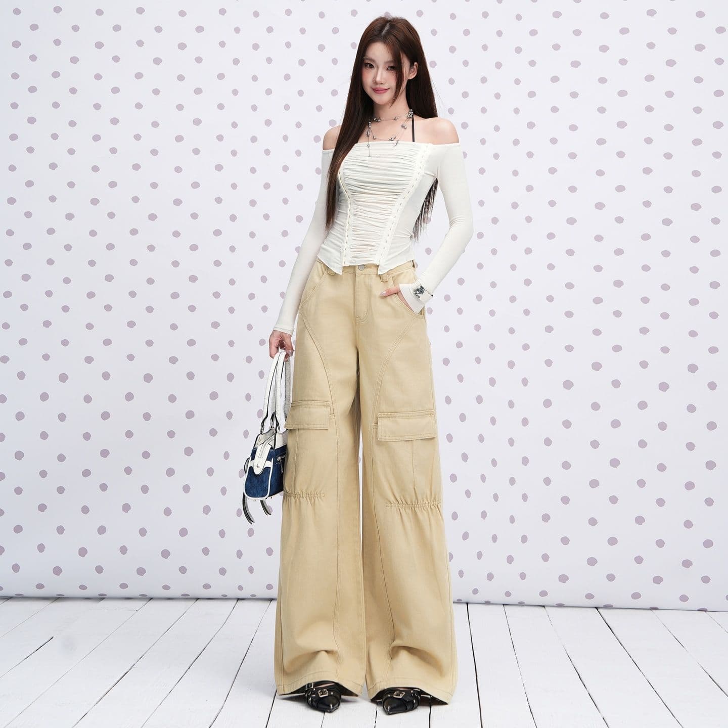 실사 카키 색 순면 Chic 펌프 Pleat 자르기 센스 청바지 여성 2026 년 다용도 캐주얼 워크웨어 팬츠 이미지 3