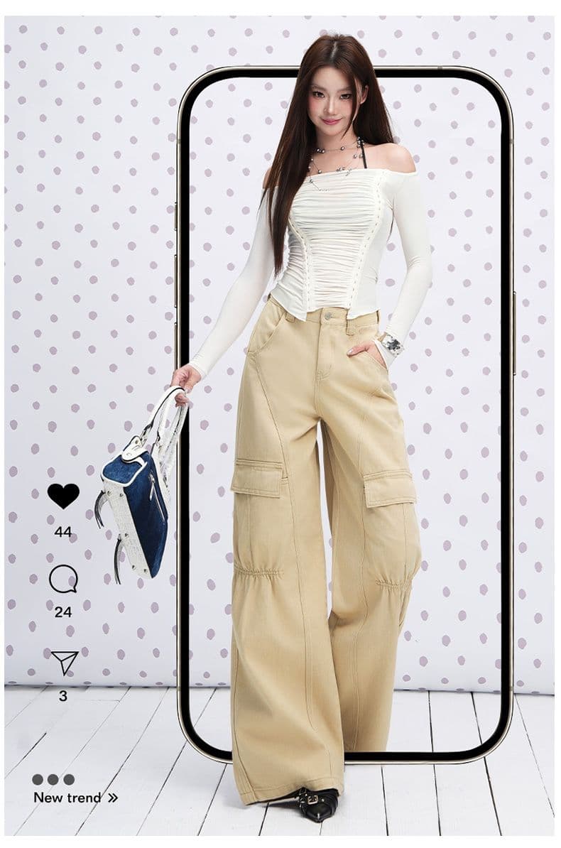 실사 카키 색 순면 Chic 펌프 Pleat 자르기 센스 청바지 여성 2026 년 다용도 캐주얼 워크웨어 팬츠 상세 이미지 3