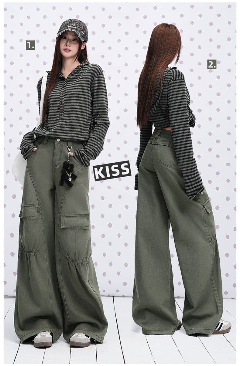 실사 카키 색 순면 Chic 펌프 Pleat 자르기 센스 청바지 여성 2026 년 다용도 캐주얼 워크웨어 팬츠 상세 이미지 4