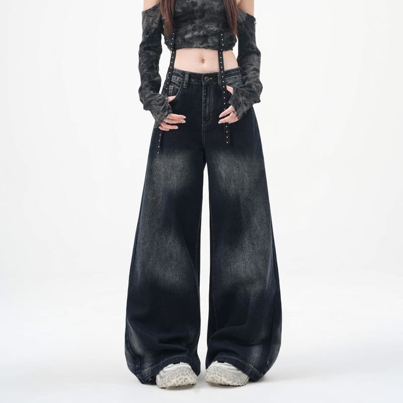 실사 항구 바람 아메리칸 레트로 핫걸 트렌드 2026 가을 겨울 의류 새로운 와이드 레그 팬츠 스트레이트 팬츠 청바지 여성