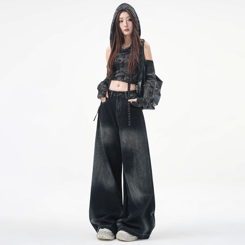 실사 항구 바람 아메리칸 레트로 핫걸 트렌드 2026 가을 겨울 의류 새로운 와이드 레그 팬츠 스트레이트 팬츠 청바지 여성 이미지 4
