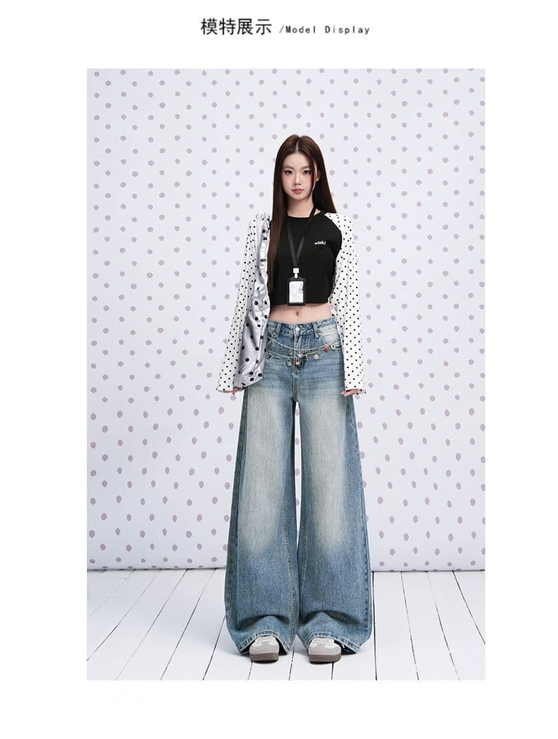 실사 하늘색 질감 센스 연삭 화이트 워싱 넓은 다리 청바지 2026 년 섹션 루즈핏 캐주얼 모통이 칼 바지 상세 이미지 6