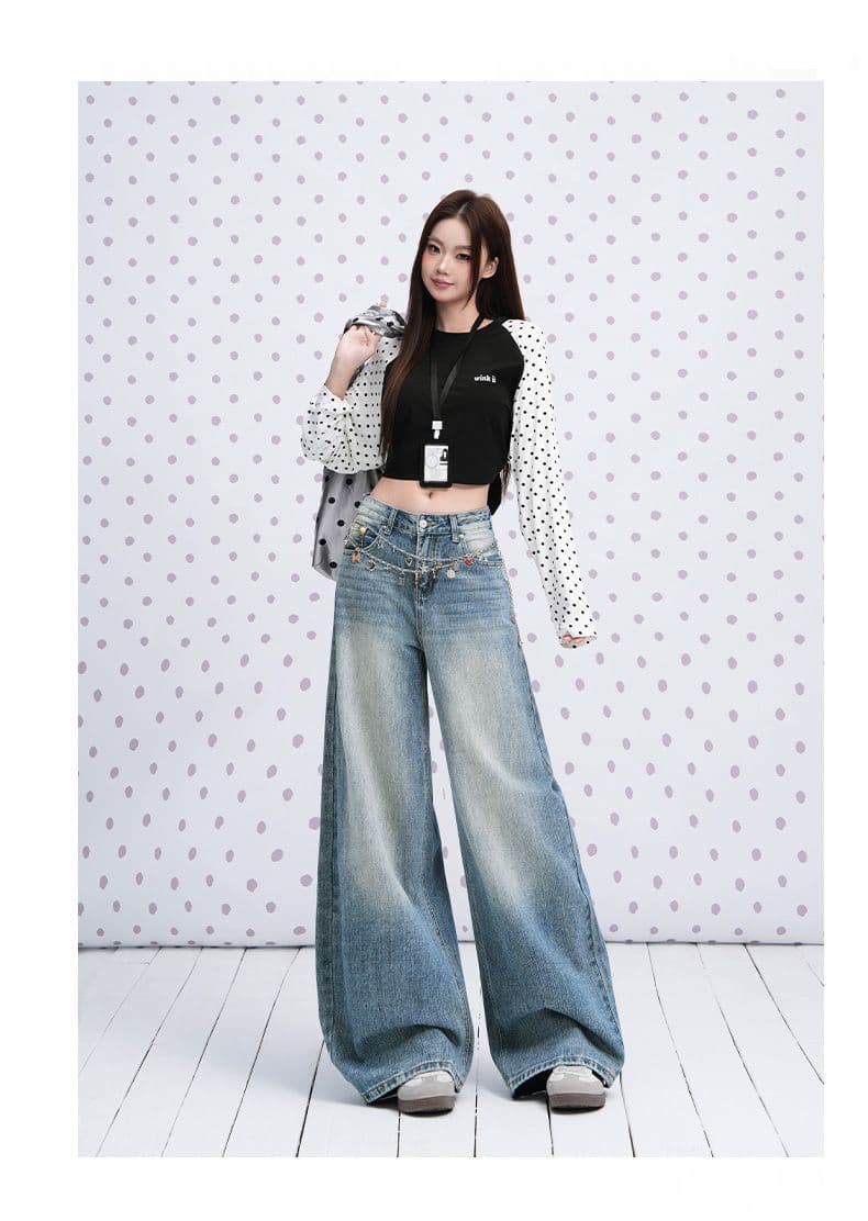 실사 하늘색 질감 센스 연삭 화이트 워싱 넓은 다리 청바지 2026 년 섹션 루즈핏 캐주얼 모통이 칼 바지 상세 이미지 7