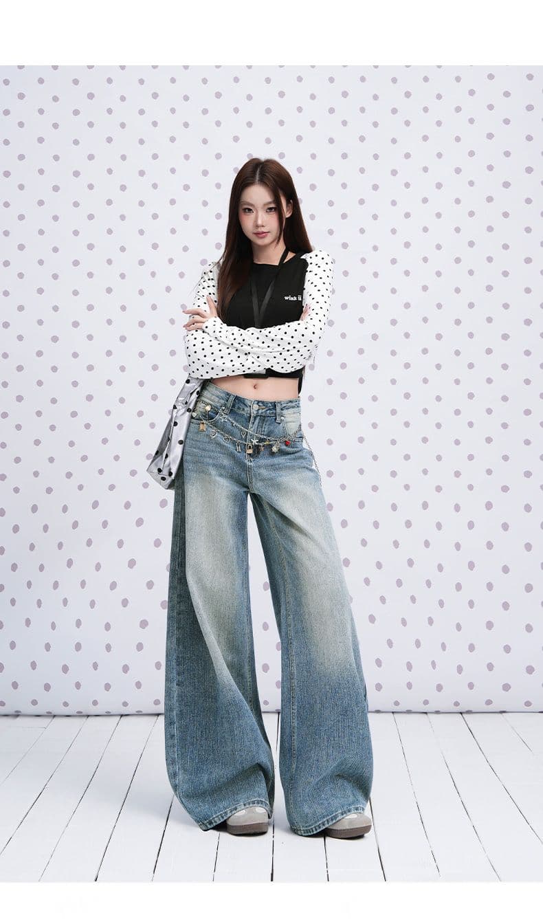 실사 하늘색 질감 센스 연삭 화이트 워싱 넓은 다리 청바지 2026 년 섹션 루즈핏 캐주얼 모통이 칼 바지 상세 이미지 10