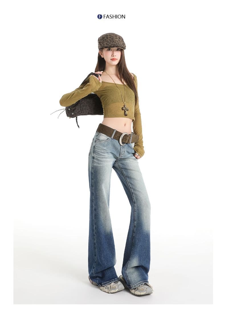 실사 유럽 상품 이른 가을 로우 웨이스트 항구 바람 핫걸 특색있는 워싱 몸매 가꾸기 슬림해 보이는 마이크로 나팔 데님 긴 바지 상세 이미지 11