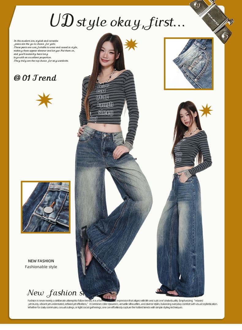 실사 아메리칸 레트로 마 오래된 워싱 청바지 루즈핏 다용도 바닥 청소 바지 느긋한 와이드 레깅스 바지 상세 이미지 1