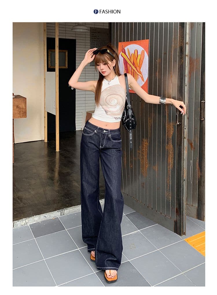 실사 아메리칸 단 닝 색상 로우 웨이스트 부츠컷 청바지 여성 루즈핏 슬림해 보이는 다용도 바닥 청소 나팔 바지 상세 이미지 10