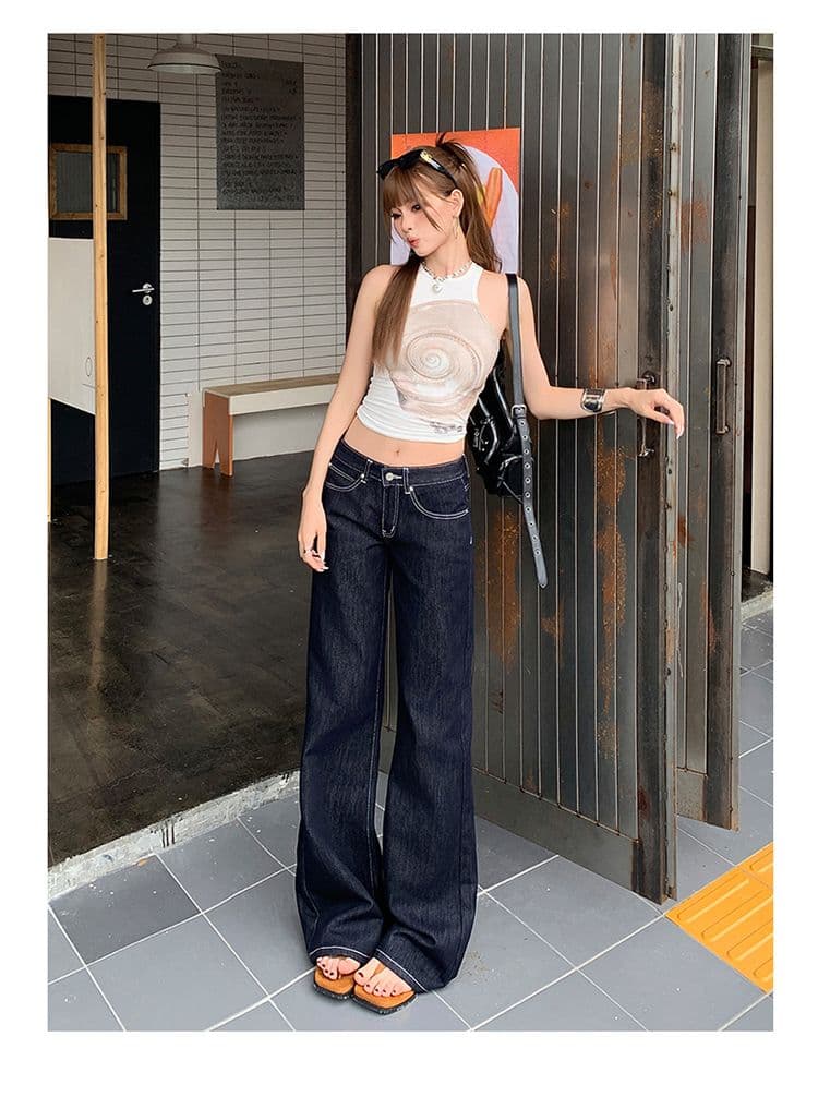 실사 아메리칸 단 닝 색상 로우 웨이스트 부츠컷 청바지 여성 루즈핏 슬림해 보이는 다용도 바닥 청소 나팔 바지 상세 이미지 11
