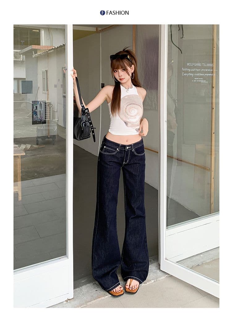실사 아메리칸 단 닝 색상 로우 웨이스트 부츠컷 청바지 여성 루즈핏 슬림해 보이는 다용도 바닥 청소 나팔 바지 상세 이미지 14