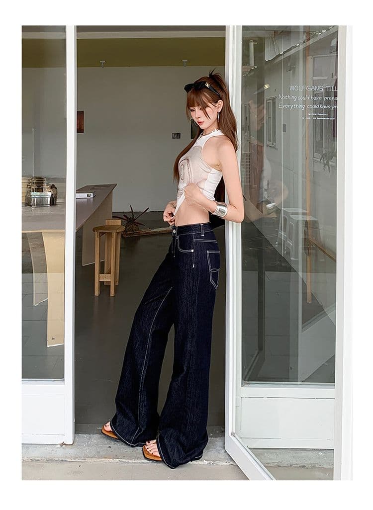 실사 아메리칸 단 닝 색상 로우 웨이스트 부츠컷 청바지 여성 루즈핏 슬림해 보이는 다용도 바닥 청소 나팔 바지 상세 이미지 16