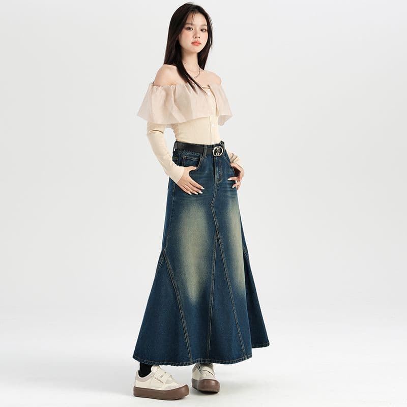 실사 데님 인어 꼬리 롱 스커트 깊은 노스탤지어 블루 패치워크 인어 꼬리 스커트 중간 길이 스커트 슈퍼 잘 생긴 한 부서 xs-xl 이미지 3