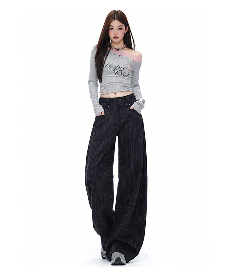 실사 아메리칸 레트로 질감 센스 프로필 모양 모통이 칼 3 차원 자르기 고급 센스 넓은 다리 길이 바지 여성 상세 이미지 13