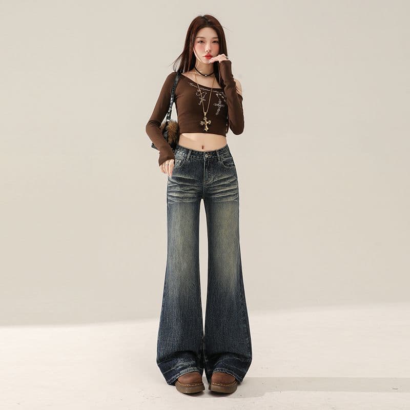 실사 핫걸 로우 웨이스트 청바지 2026 봄 가을 새로운 대나무 마디 곡물 레트로 블루 스트레이트 바닥 청소 나팔 바지 이미지 4
