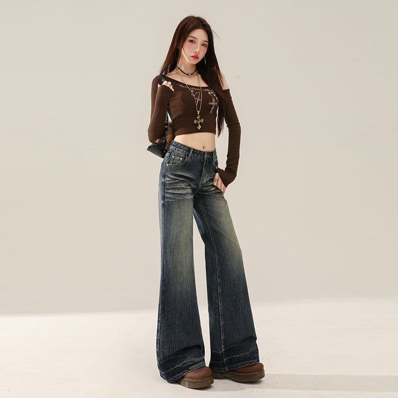 실사 핫걸 로우 웨이스트 청바지 2026 봄 가을 새로운 대나무 마디 곡물 레트로 블루 스트레이트 바닥 청소 나팔 바지 이미지 2
