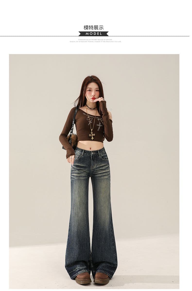 실사 핫걸 로우 웨이스트 청바지 2026 봄 가을 새로운 대나무 마디 곡물 레트로 블루 스트레이트 바닥 청소 나팔 바지 상세 이미지 9