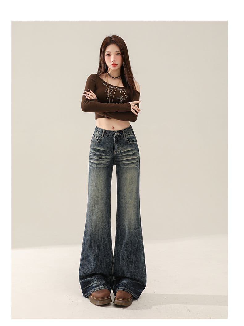 실사 핫걸 로우 웨이스트 청바지 2026 봄 가을 새로운 대나무 마디 곡물 레트로 블루 스트레이트 바닥 청소 나팔 바지 상세 이미지 13