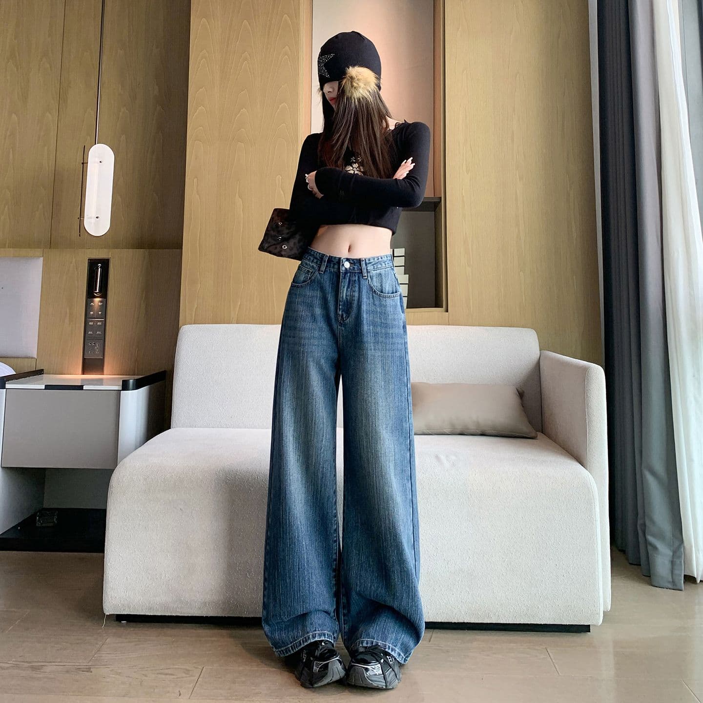 실사 레트로 넓은 다리 청바지 2026 가을 대나무 마디 곡물 하이웨이스트 슬림해 보이는 루즈핏 스트레이트 바닥 청소 바지 이미지 3