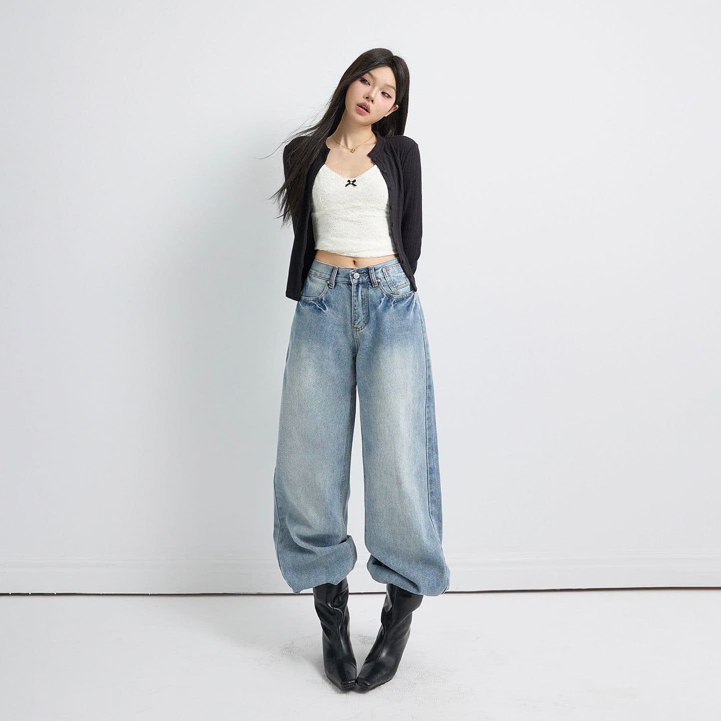 실사 아메리칸 레트로 루즈핏 와이드 레그 팬츠 다용도 도루 센스 바닥 청소 스트레이트 청바지 여성 긴 바지 길이 연장 이미지 3