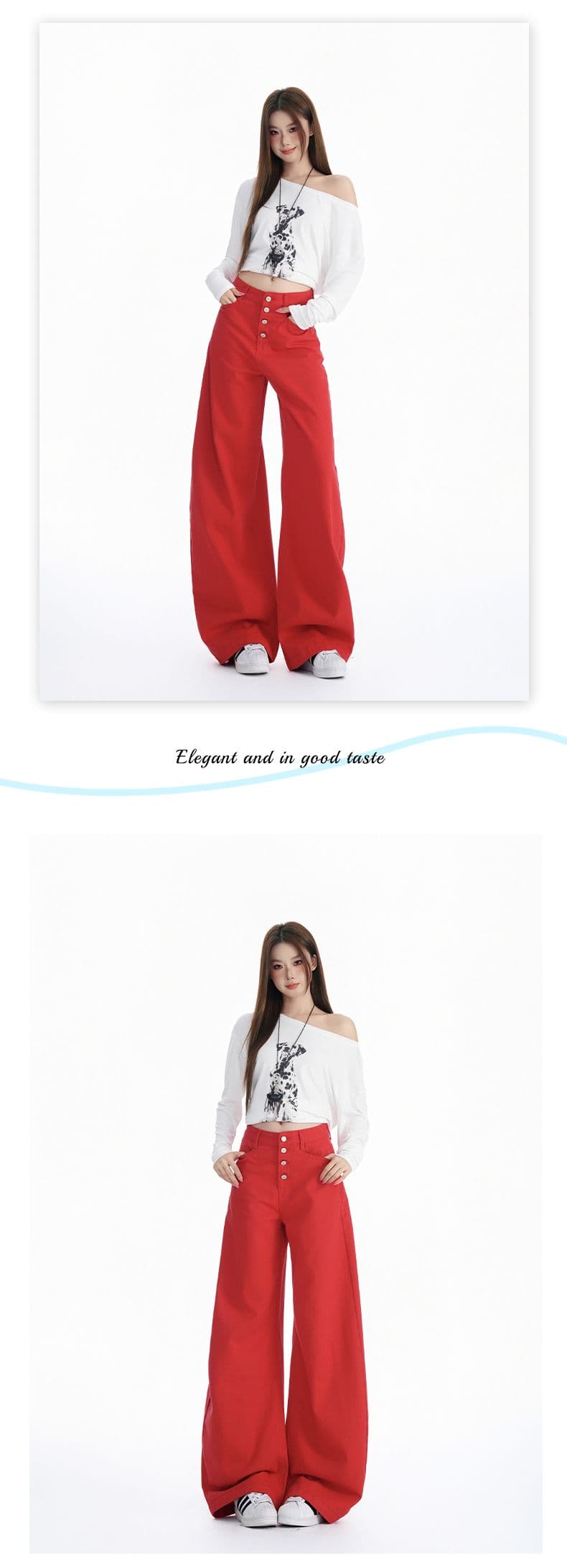 실사 이른 가을 새로운 빨간색 모통이 칼 청바지 여성 단추 디자인 하이웨이스트 루즈핏 슬림해 보이는 바닥 청소 바지 상세 이미지 7