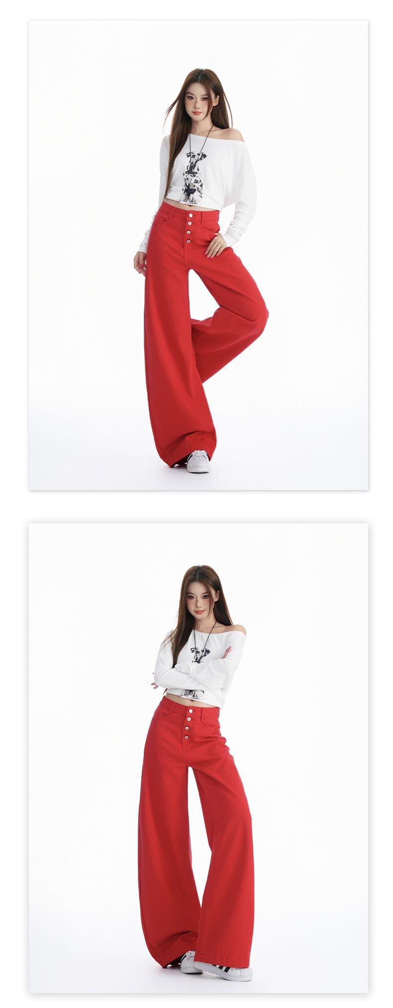 실사 이른 가을 새로운 빨간색 모통이 칼 청바지 여성 단추 디자인 하이웨이스트 루즈핏 슬림해 보이는 바닥 청소 바지 상세 이미지 9