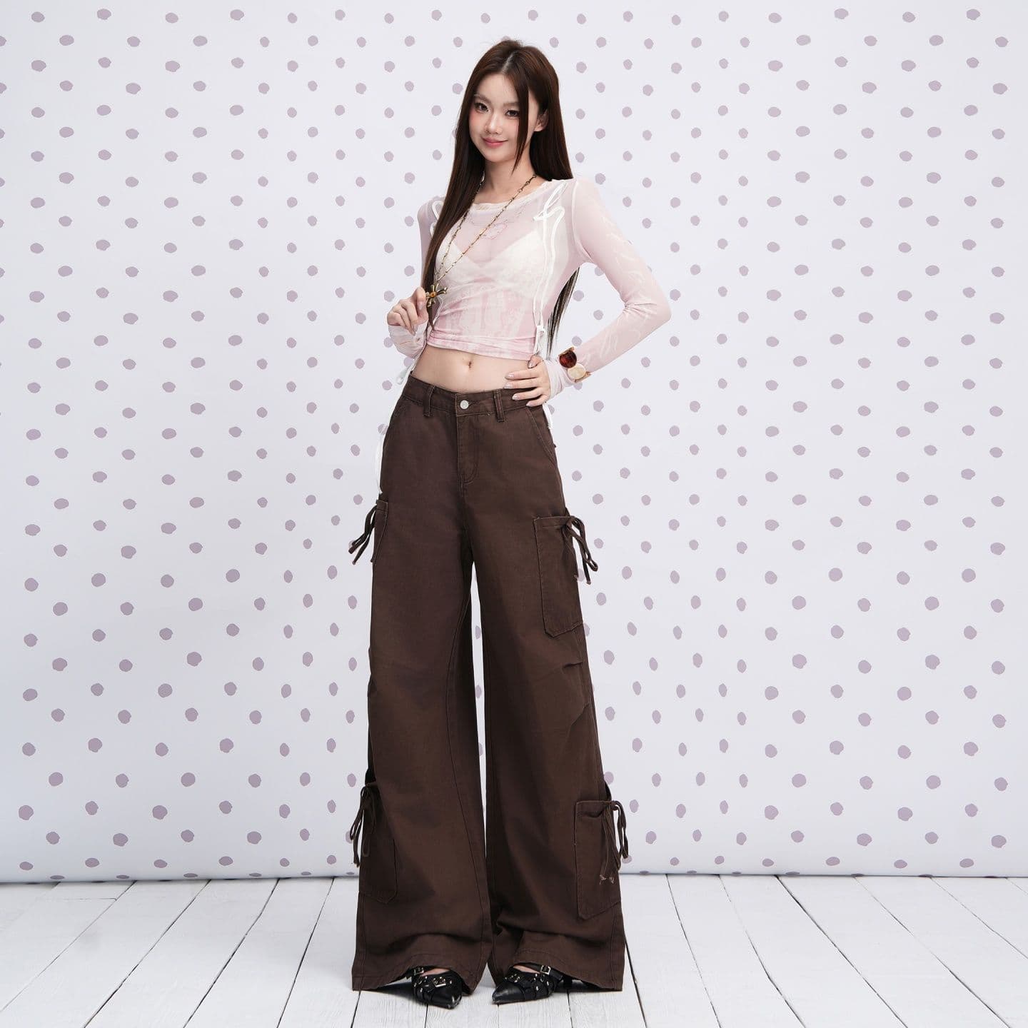 실사 카키 색 기타 주머니 3 차원 스트랩 장식 청바지 2026 년 이른 가을 새로운 표지 고기 와이드 레그 팬츠 이미지 3