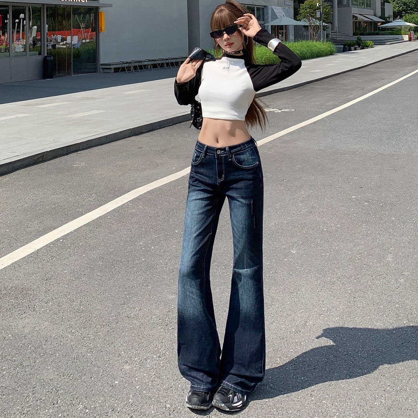실사 아메리칸 레트로 블루 회색 신축성 부츠컷 청바지 여성 핫걸 로우 웨이스트 몸매 가꾸기 슬림해 보이는 호스 슈 바지 이미지 4