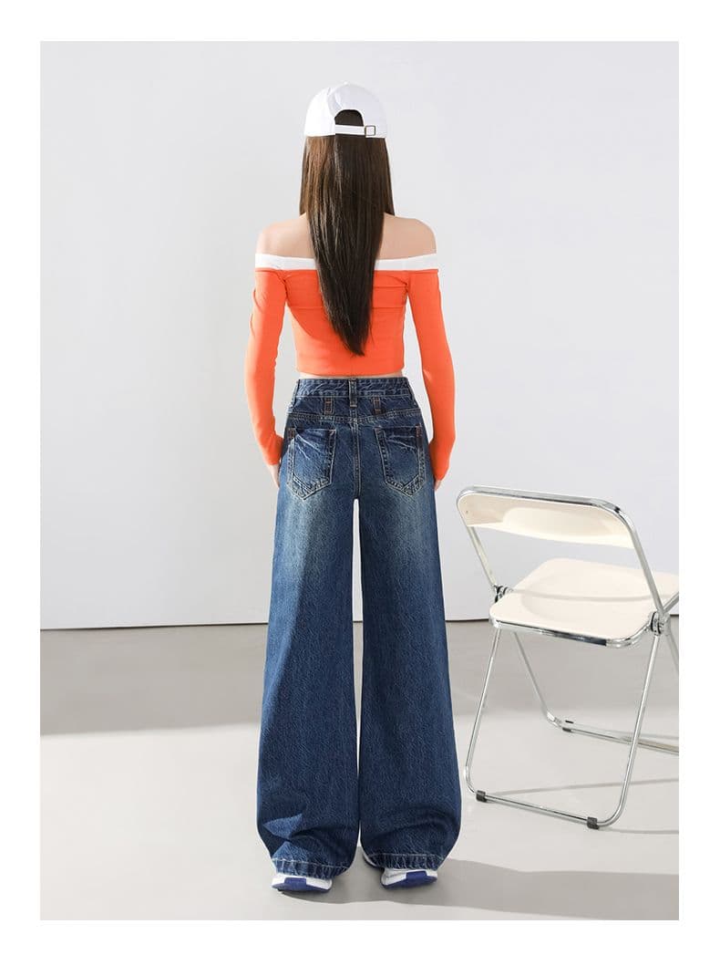 실사 아메리칸 핫걸 바람 거리 다용도 이후 가방 자수 공예 조류 소녀 거리 와이드 레그 팬츠 청바지 상세 이미지 16