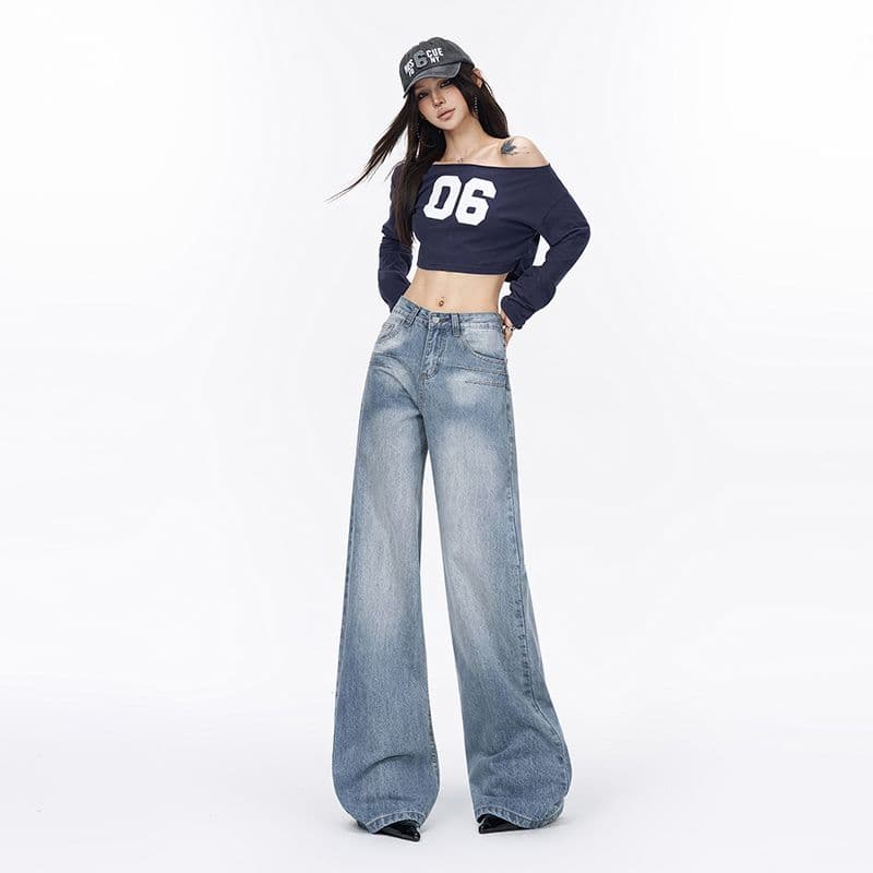 실사 봄 가을 아메리칸 레트로 워싱 블루 루즈핏 스트레이트 청바지 여성 자수 도루 센스 와이드 레그 팬츠 어린이