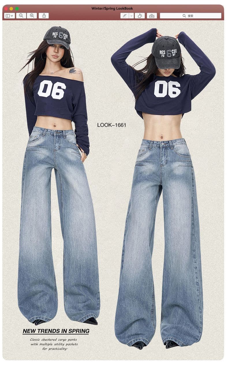실사 봄 가을 아메리칸 레트로 워싱 블루 루즈핏 스트레이트 청바지 여성 자수 도루 센스 와이드 레그 팬츠 어린이 상세 이미지 1