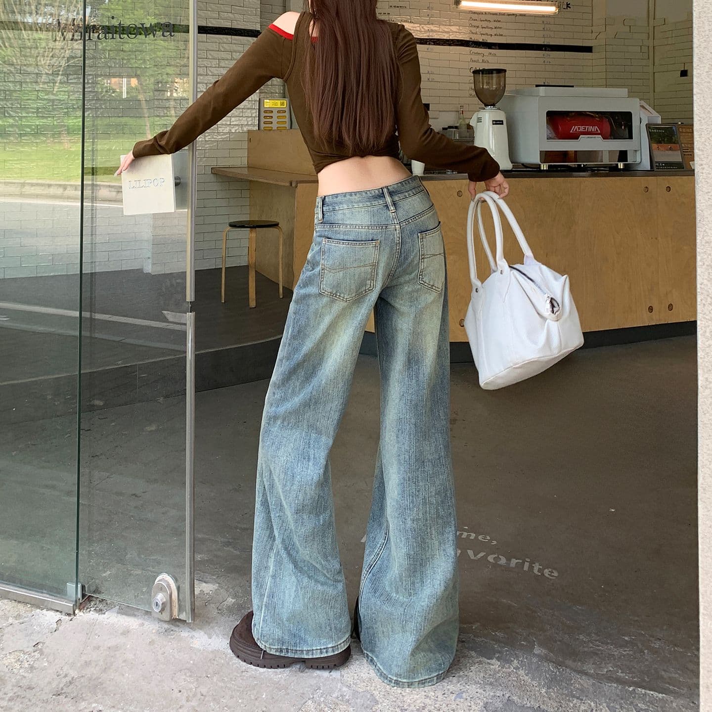 실사 레트로 워싱 대나무 마디 곡물 넓은 다리 청바지 여성 새로운 루즈핏 아니요 막대기 다리 도루 센스 스트레이트 팬츠