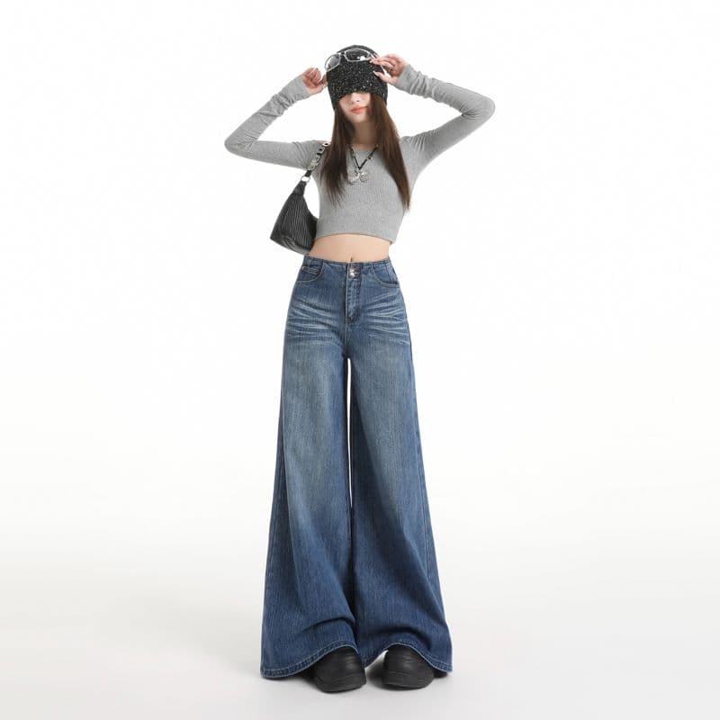 실사 레트로 핫걸 대나무 마디 곡물 대 튜브 청바지 새로운 더블 버클 디자인 센스 루즈핏 넓은 다리 바닥 청소 바지