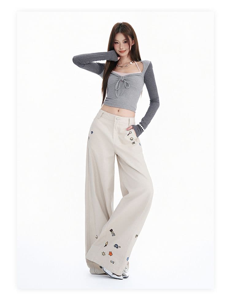 실사 만화 자수 캐주얼 바지 여성 봄 가을 2026 새로운 스트레이트 루즈핏 다용도 넓은 다리 모통이 칼 바지 상세 이미지 15