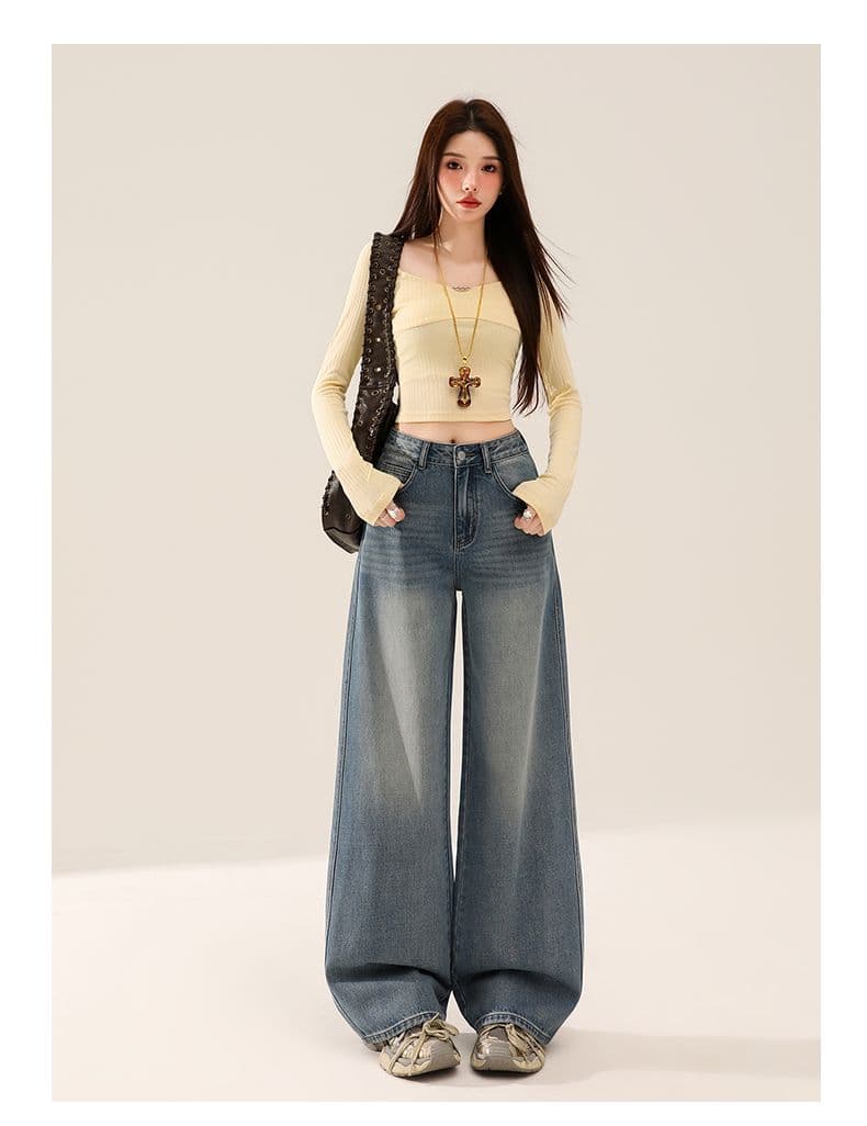 실사 봄 가을 새로운 레트로 파란색 넓은 다리 청바지 여성 스트레이트 루즈핏 다용도 캐주얼 바지 상세 이미지 33