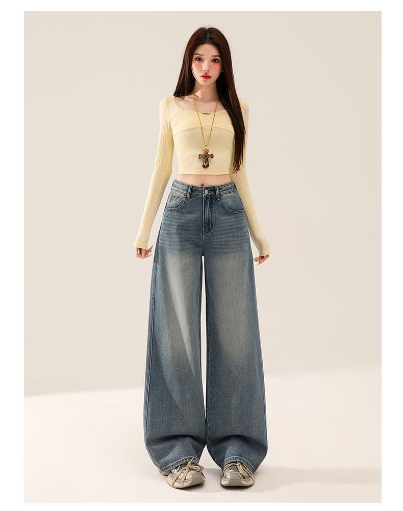 실사 봄 가을 새로운 레트로 파란색 넓은 다리 청바지 여성 스트레이트 루즈핏 다용도 캐주얼 바지 상세 이미지 41