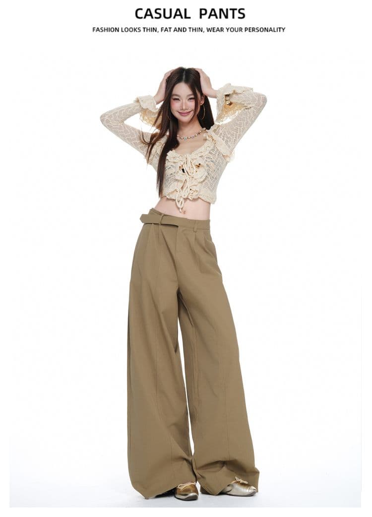 실사 레트로 카키 색 하이웨이스트 미니멀리즘 넓은 다리 캐주얼 바지 한 부서 새로운 도루 센스 다용도 루즈핏 정장 바지 상세 이미지 9