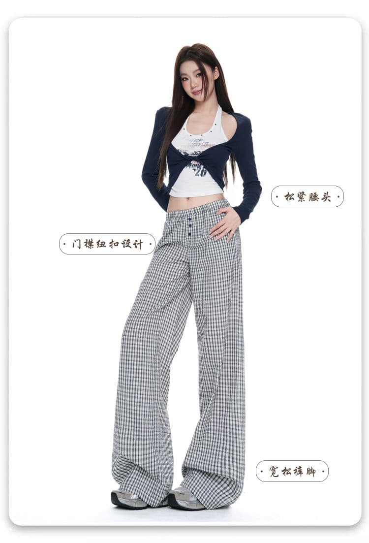 실사 파란색 체크무늬 단추 디자인 루즈핏 와이드 레그 팬츠 가을 새로운 스트레이트 캐주얼 긴 바지 상세 이미지 3